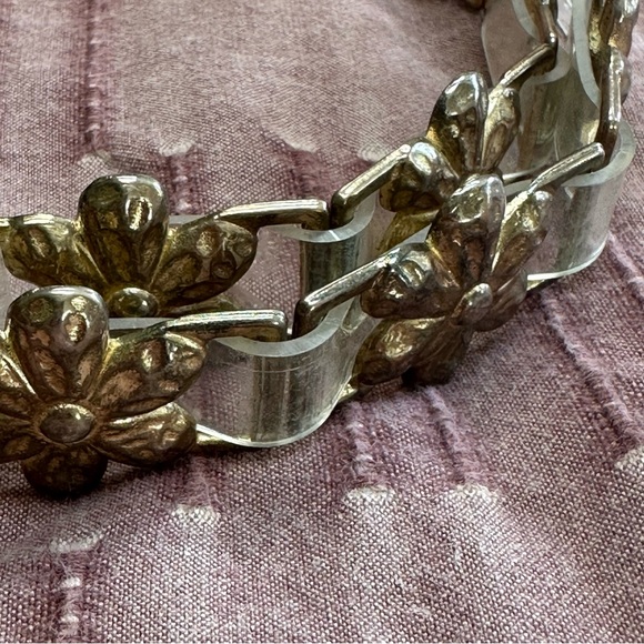 Vintage Clear Plastic and Brass tone Flower Embellished Belt - Picture 5 of 15